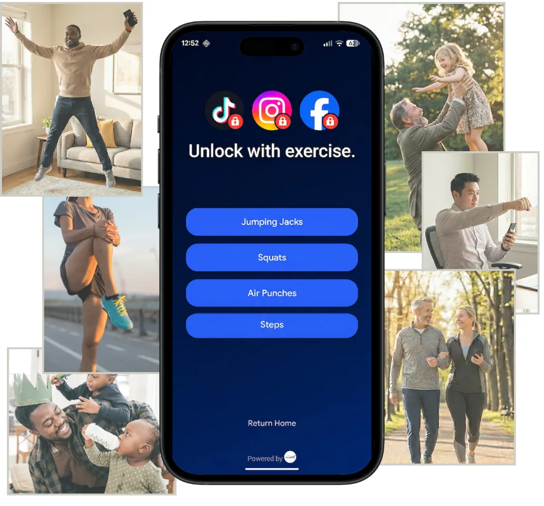 Collage of people exercising and playing with kids with the app centered.